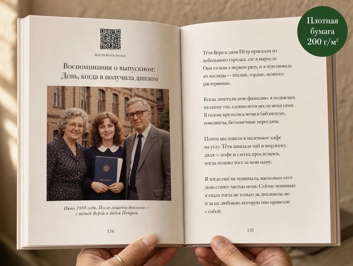 Открытая книга со студенческой фотографией 1988 года и QR-кодом