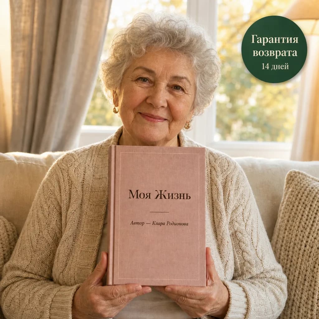 Пожилая женщина держит книгу «Моя Жизнь» Клары Родионовой — гарантия возврата 14 дней
