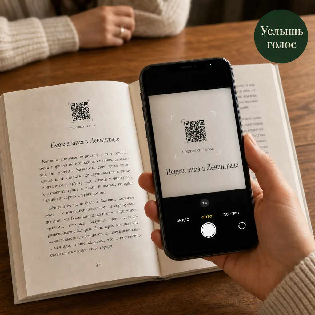 Телефон наведён на QR-код в напечатанной книге воспоминаний, под кодом звучит настоящий голос
