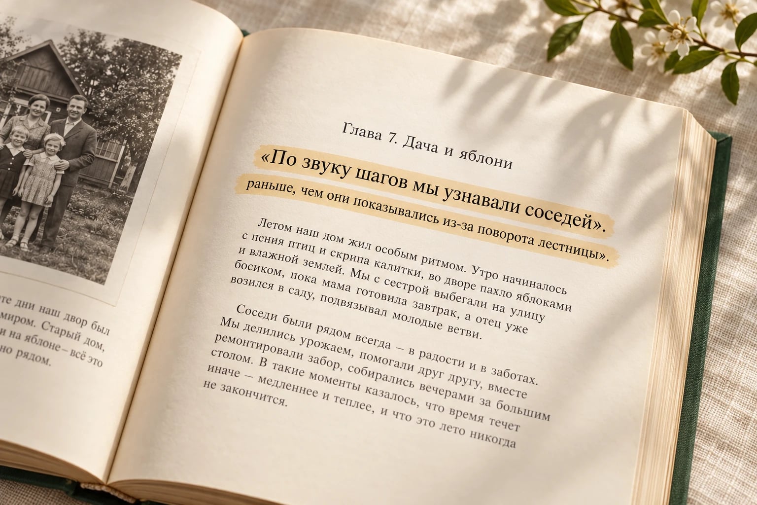 Любимые фразы близкого остаются с вами: на развороте семейной книги цитата выделена тёплым жёлтым цветом.
